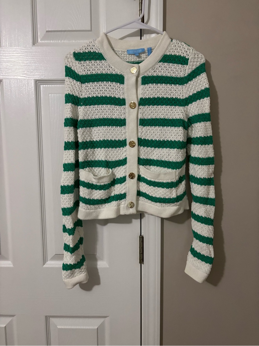 Draper James - Woven Striped Crewneck Cardigan - Green & White